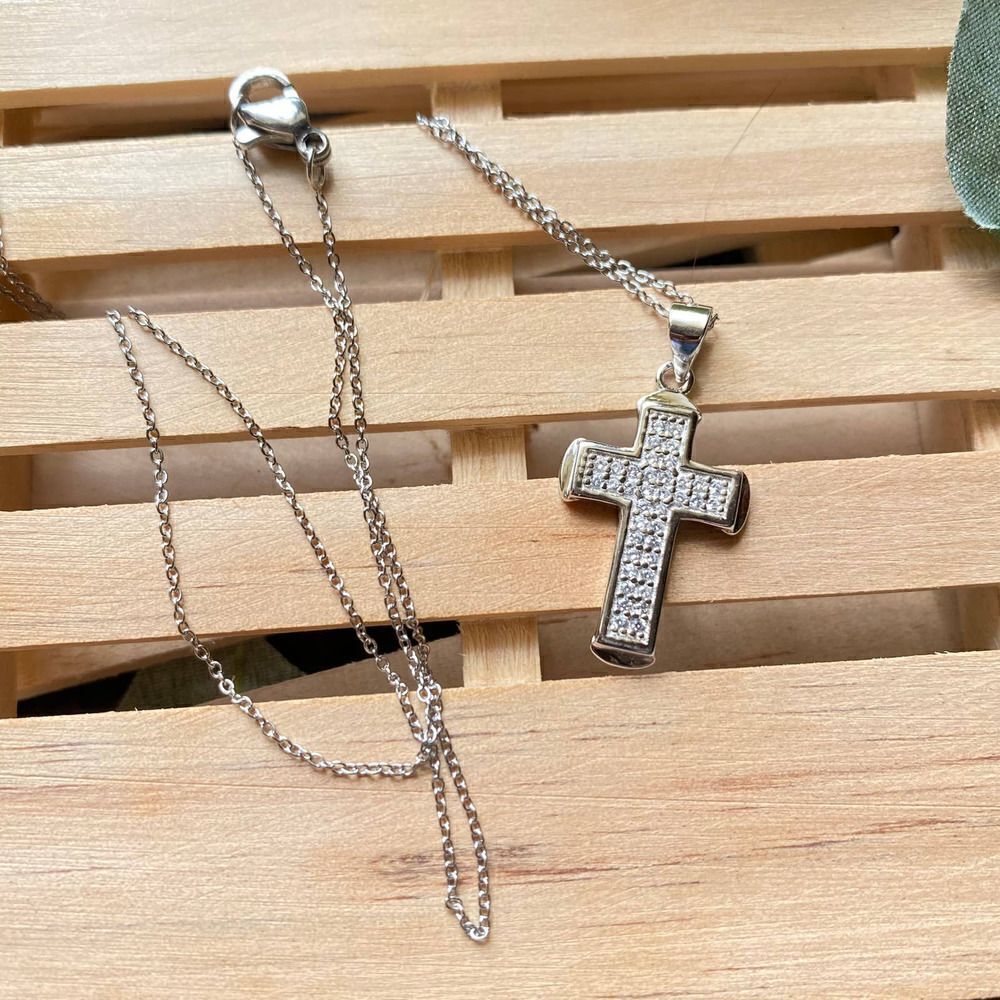 Sterling Silver Micro Pave Cz Cross Pendant On Stainless Steel Chain - Picture 5 of 6